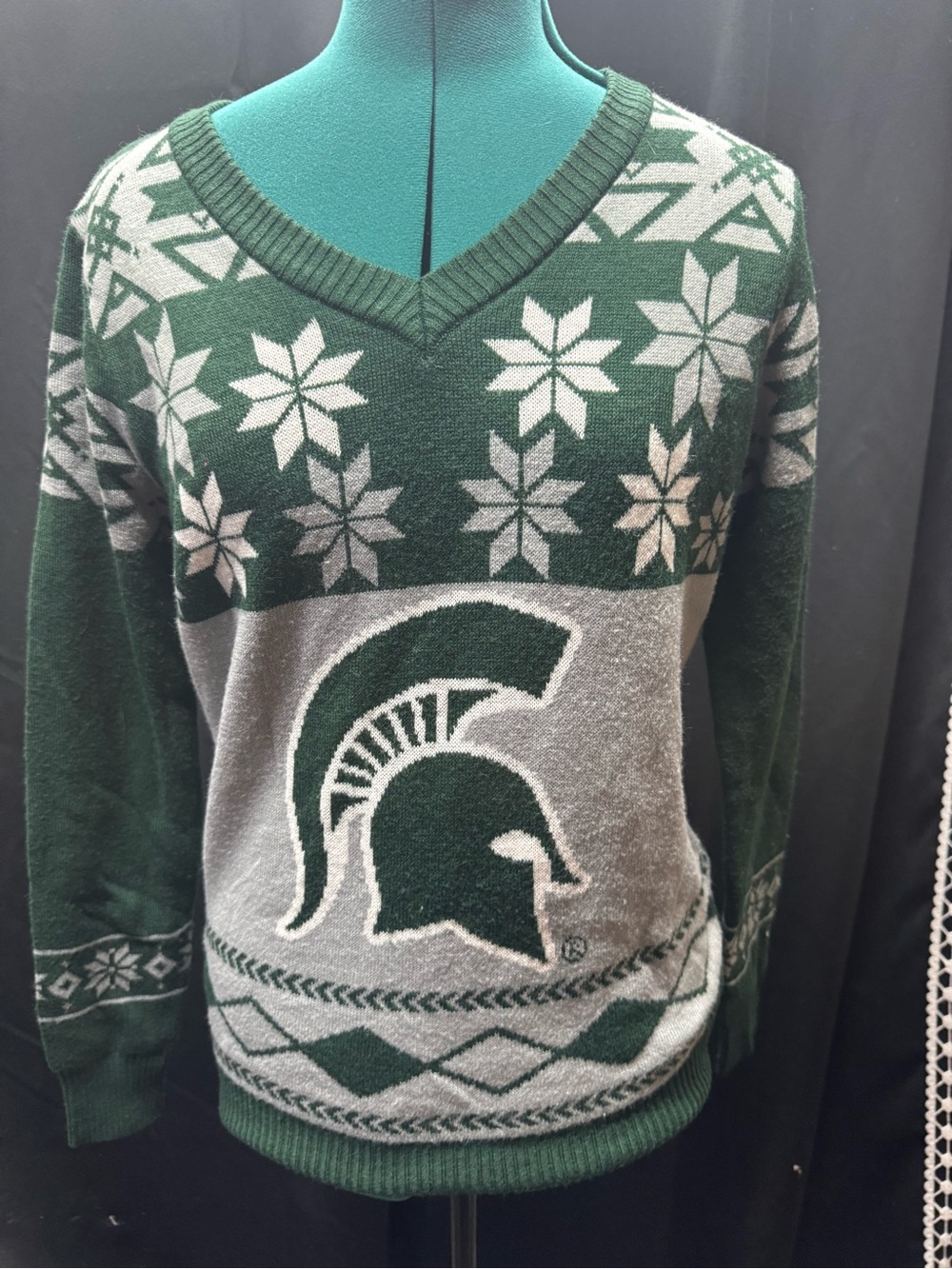 Source Unknown Green and Gray V-Neck Sweater with Spartan Helmet